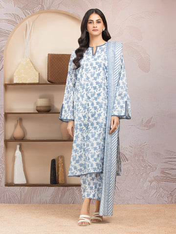 EDENROBE-35037-Unstitched White & Blue Printed Lawn 3 Piece