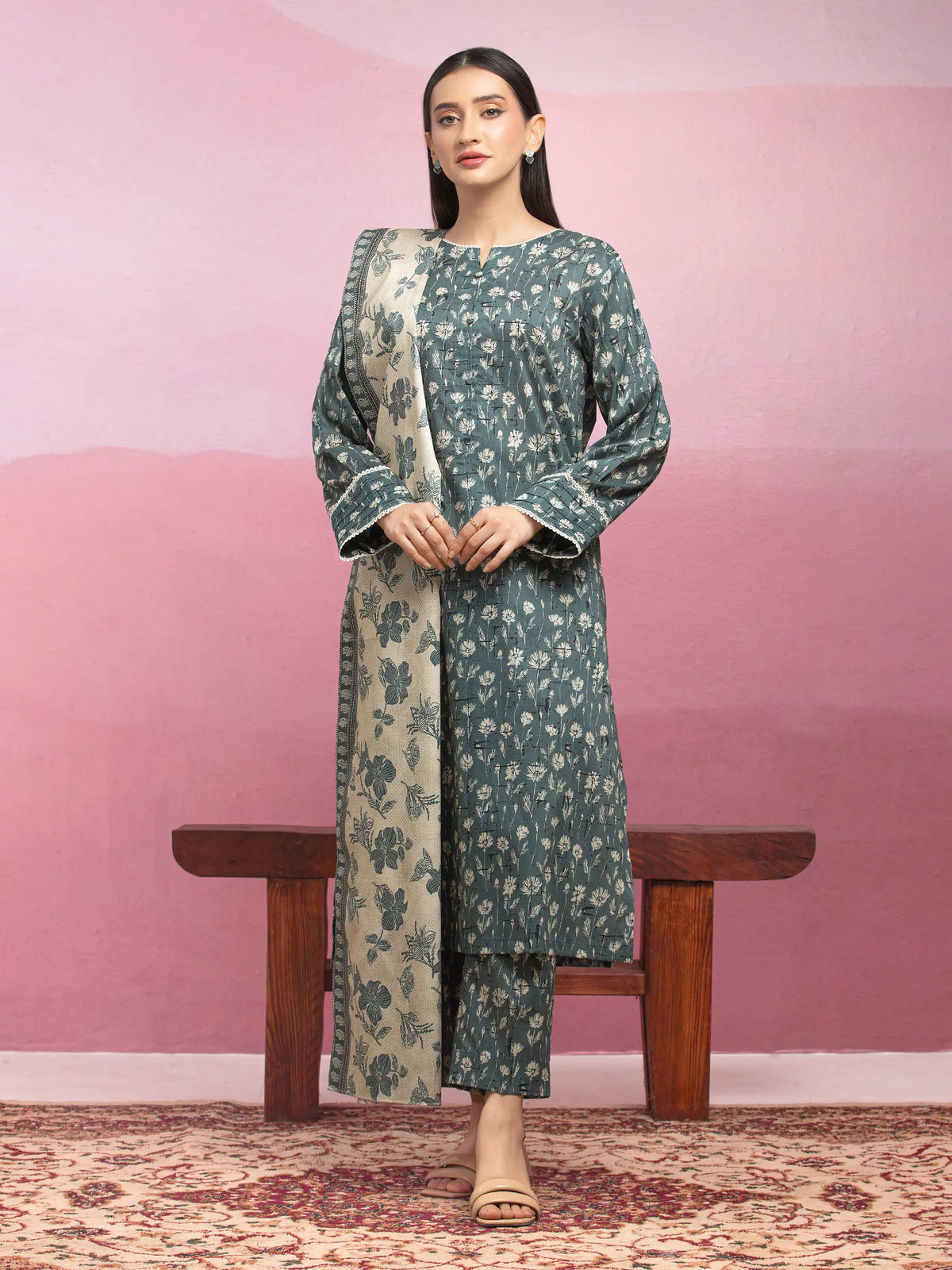 EDENROBE-35054-Unstitched Dark Teal Printed Lawn 3 Piece -