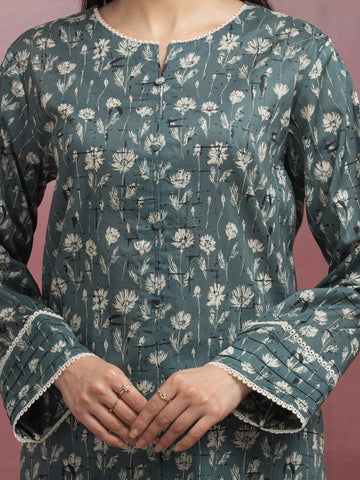 EDENROBE-35054-Unstitched Dark Teal Printed Lawn 3 Piece -