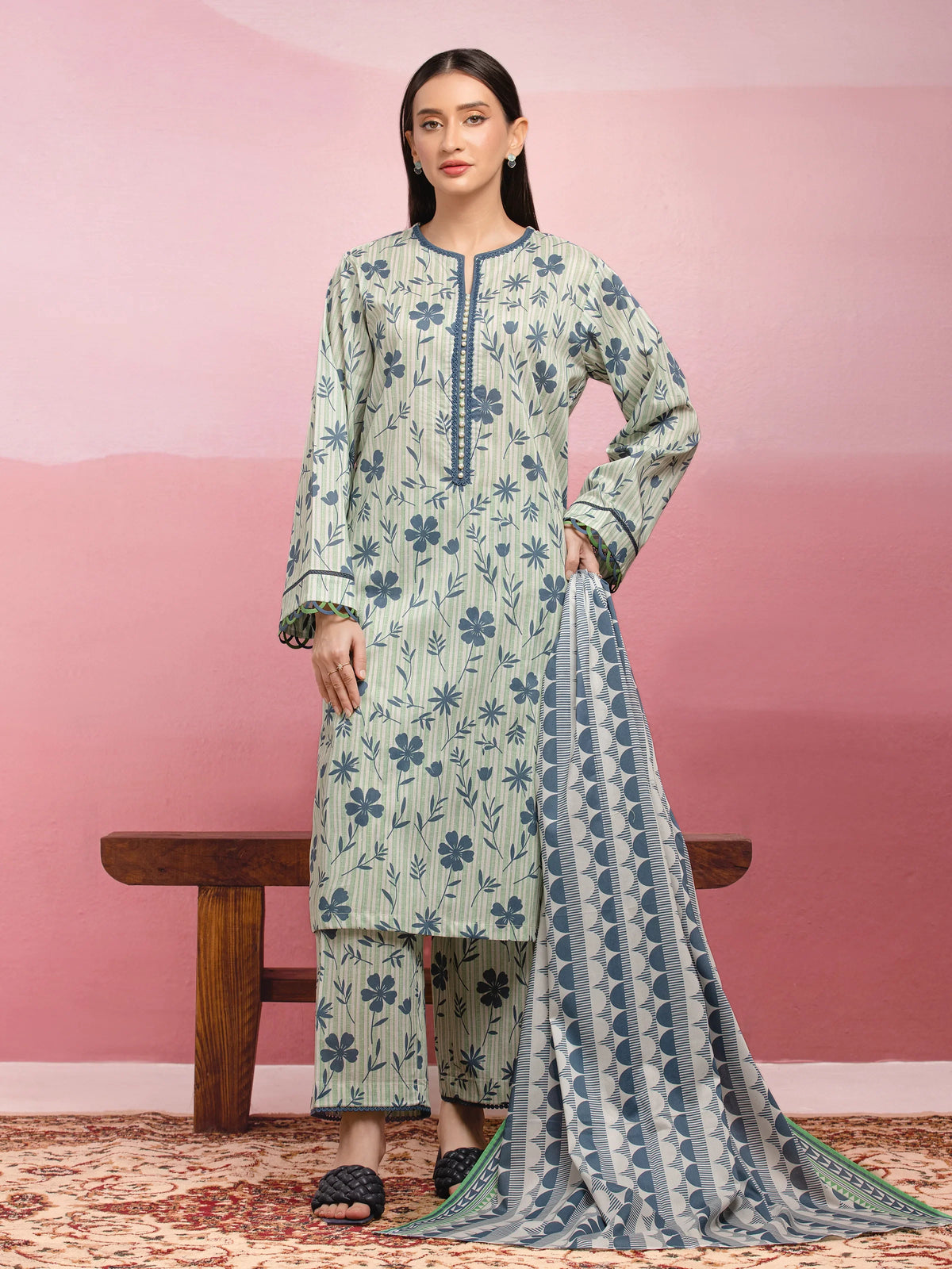 EDENROBE-35057-Unstitched Cream Multi Printed Lawn 3 Piece -