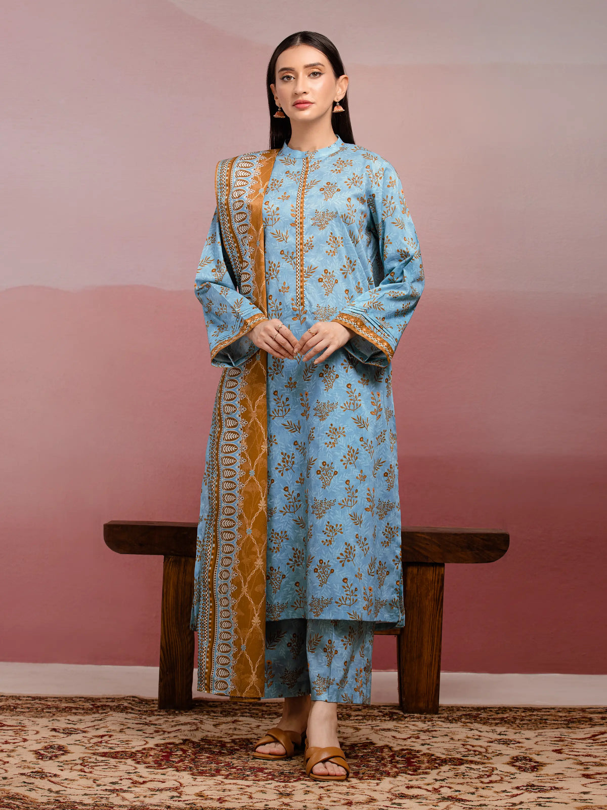 EDENROBE-35062-Unstitched Sea Green Block Print Cambric 3 Piece