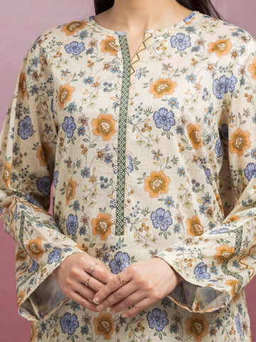 EDENROBE-35066-Unstitched Beige Printed Lawn 3 Piece