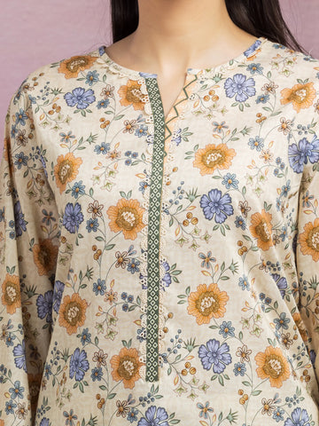 EDENROBE-35066-Unstitched Beige Printed Lawn 3 Piece
