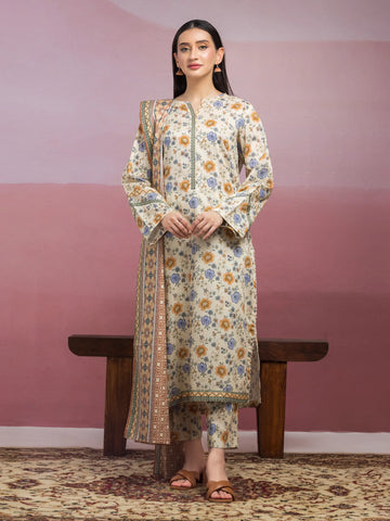 EDENROBE-35066-Unstitched Beige Printed Lawn 3 Piece