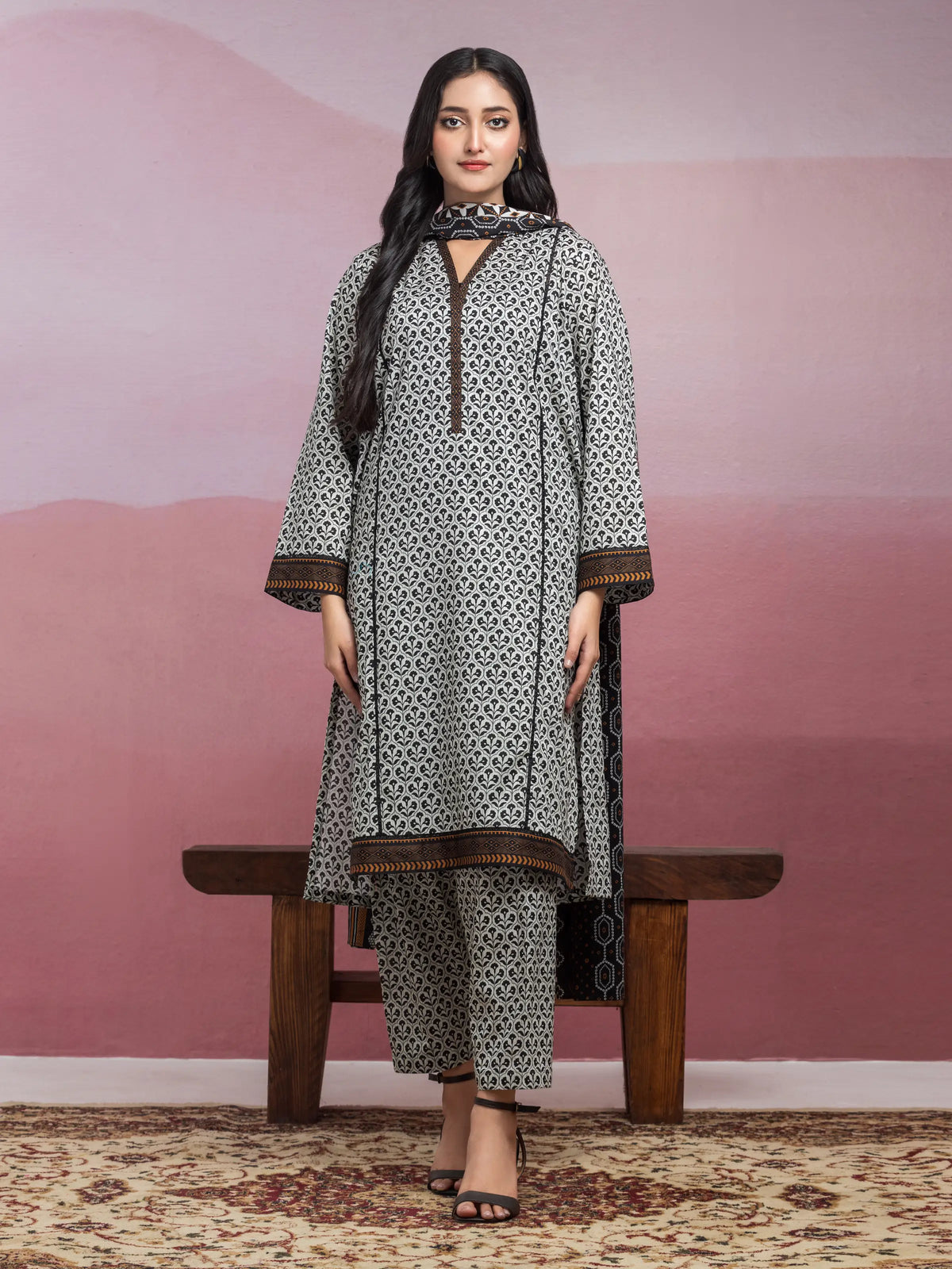 EDENROBE-35076-Unstitched Beige & Black Printed Lawn 3 Piece