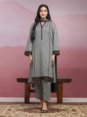 EDENROBE-35076-Unstitched Beige & Black Printed Lawn 3 Piece