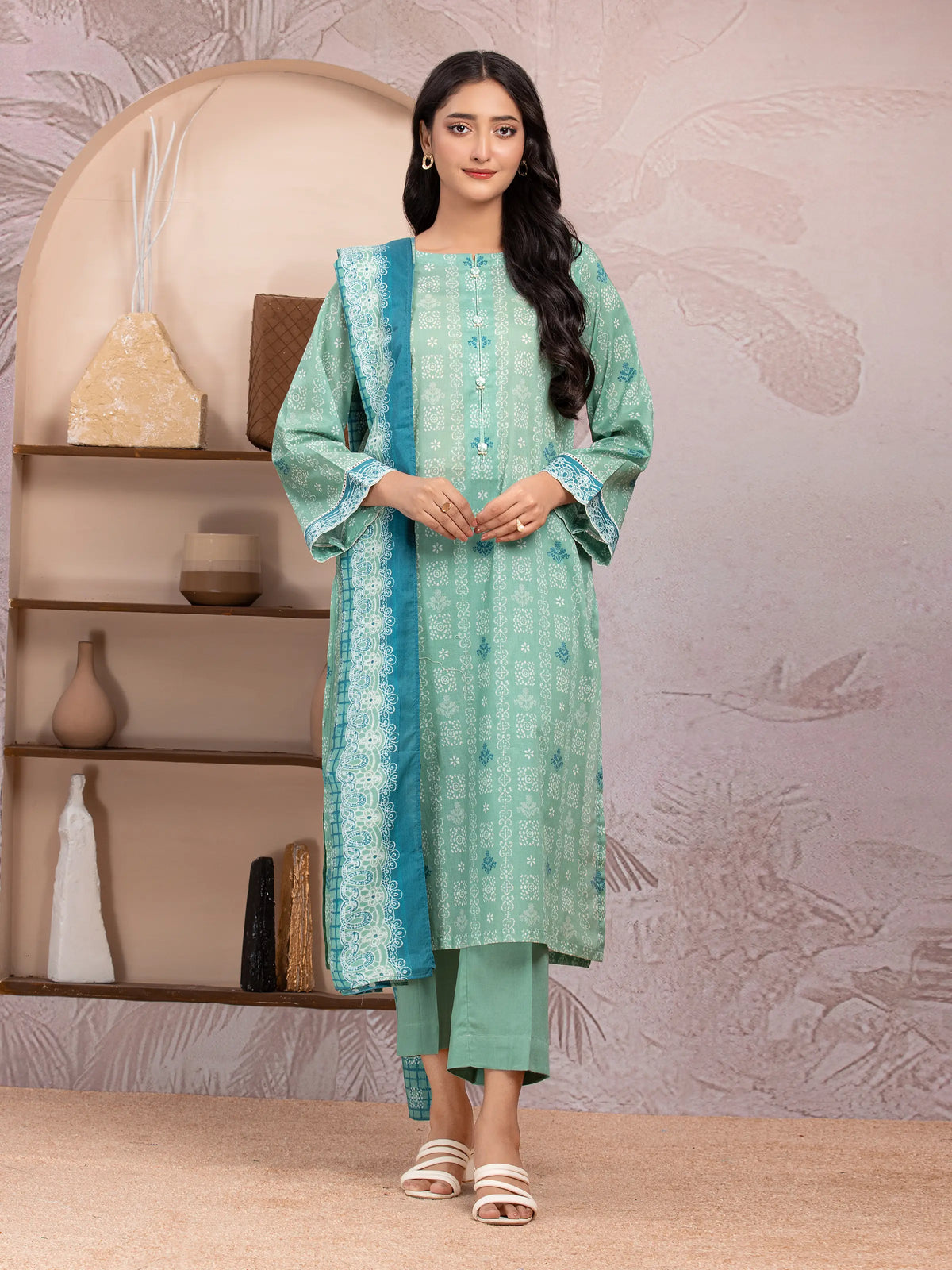 EDENROBE-35210-Unstitched Green Printed Lawn 3 Piece