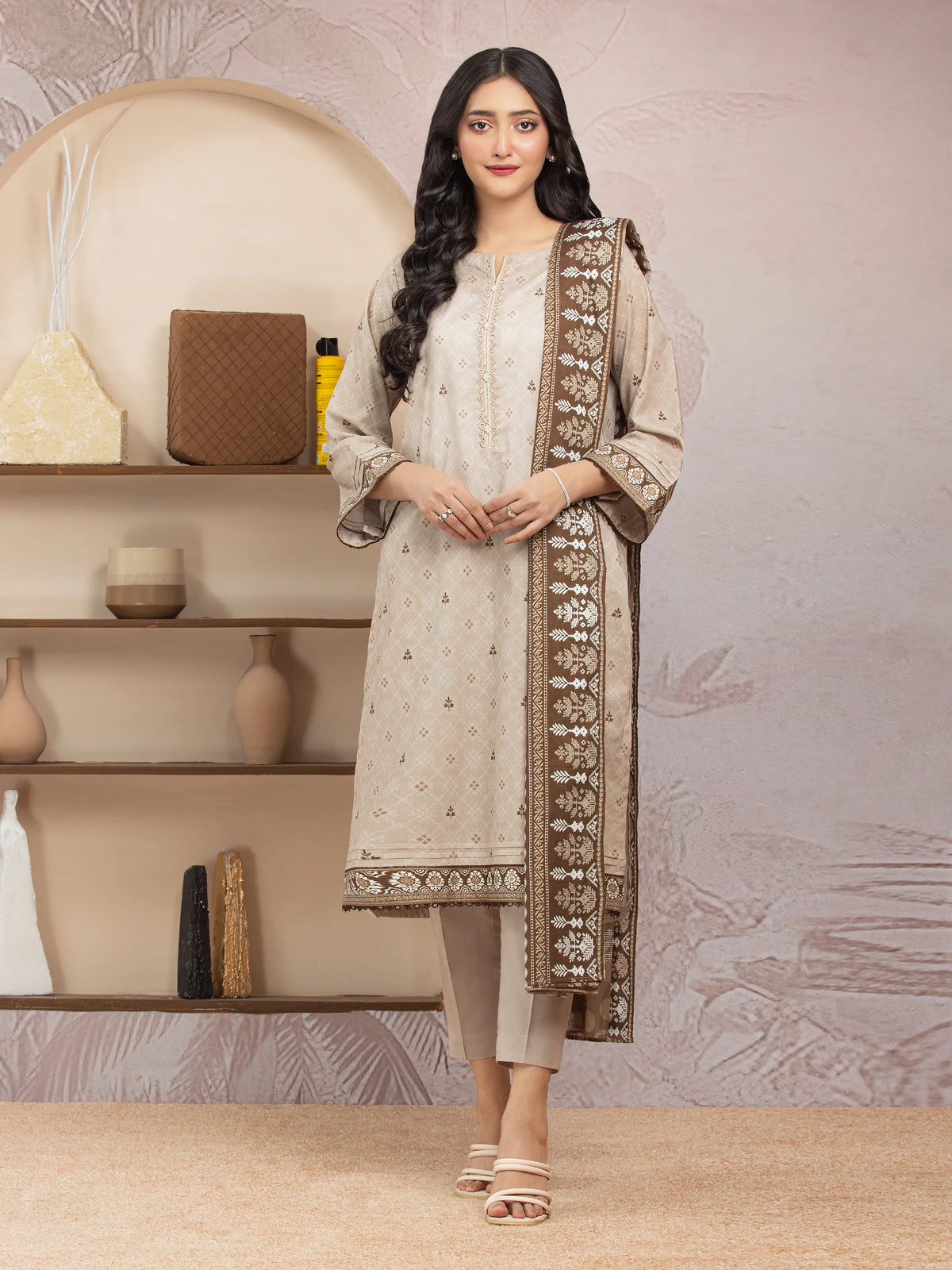 EDENROBE-35214-Unstitched Beige Printed Lawn 3 Piece