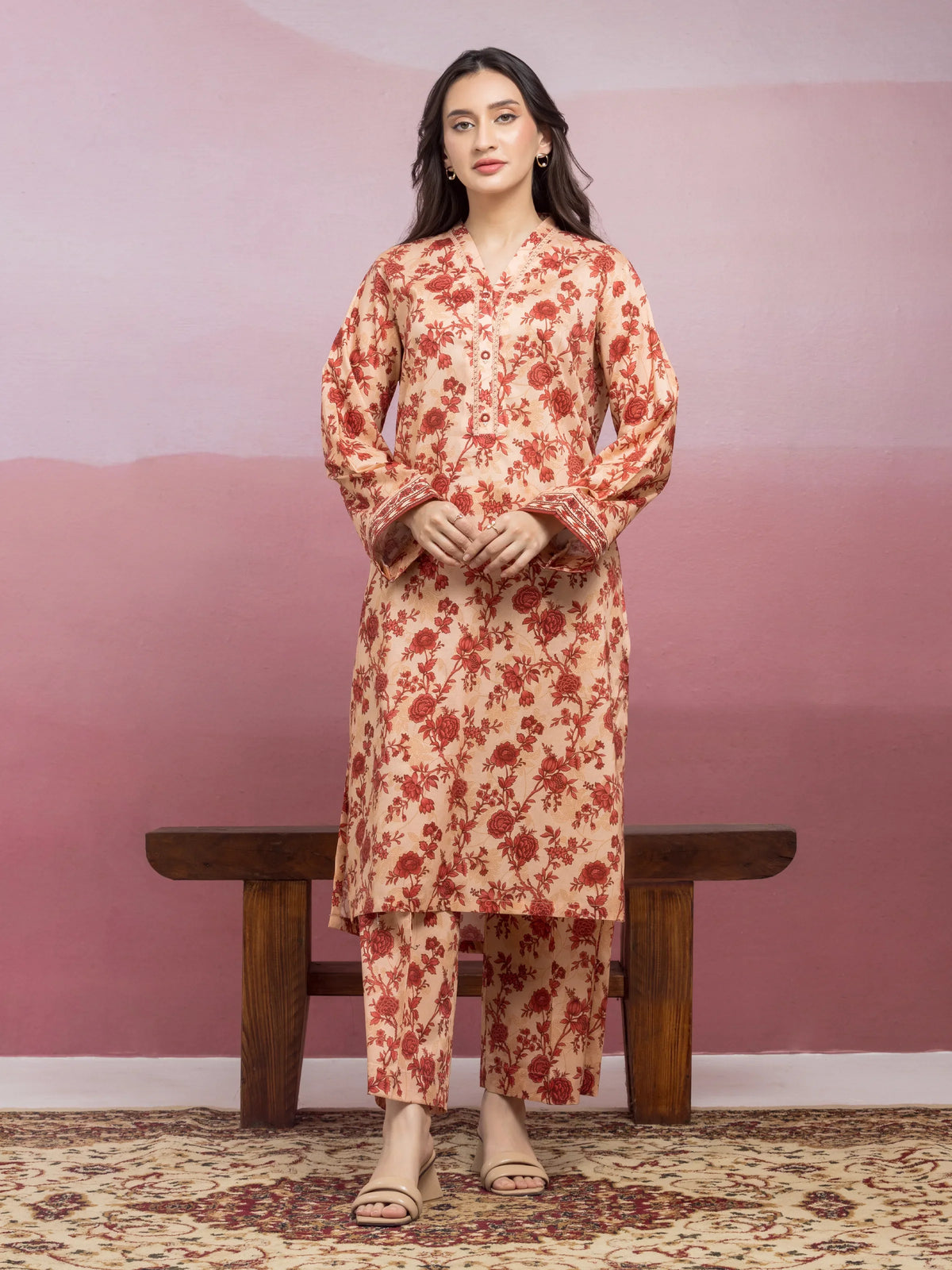 EDENROBE 35416-Unstitched Peach Printed Lawn 2 Piece -