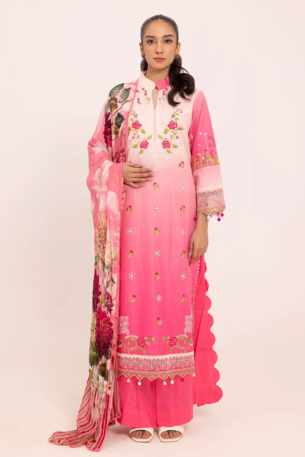 GUL AHMED-3 Piece Unstithed Embroidered Lawn Suit with Printed Chiffon Dupatta BM-52029