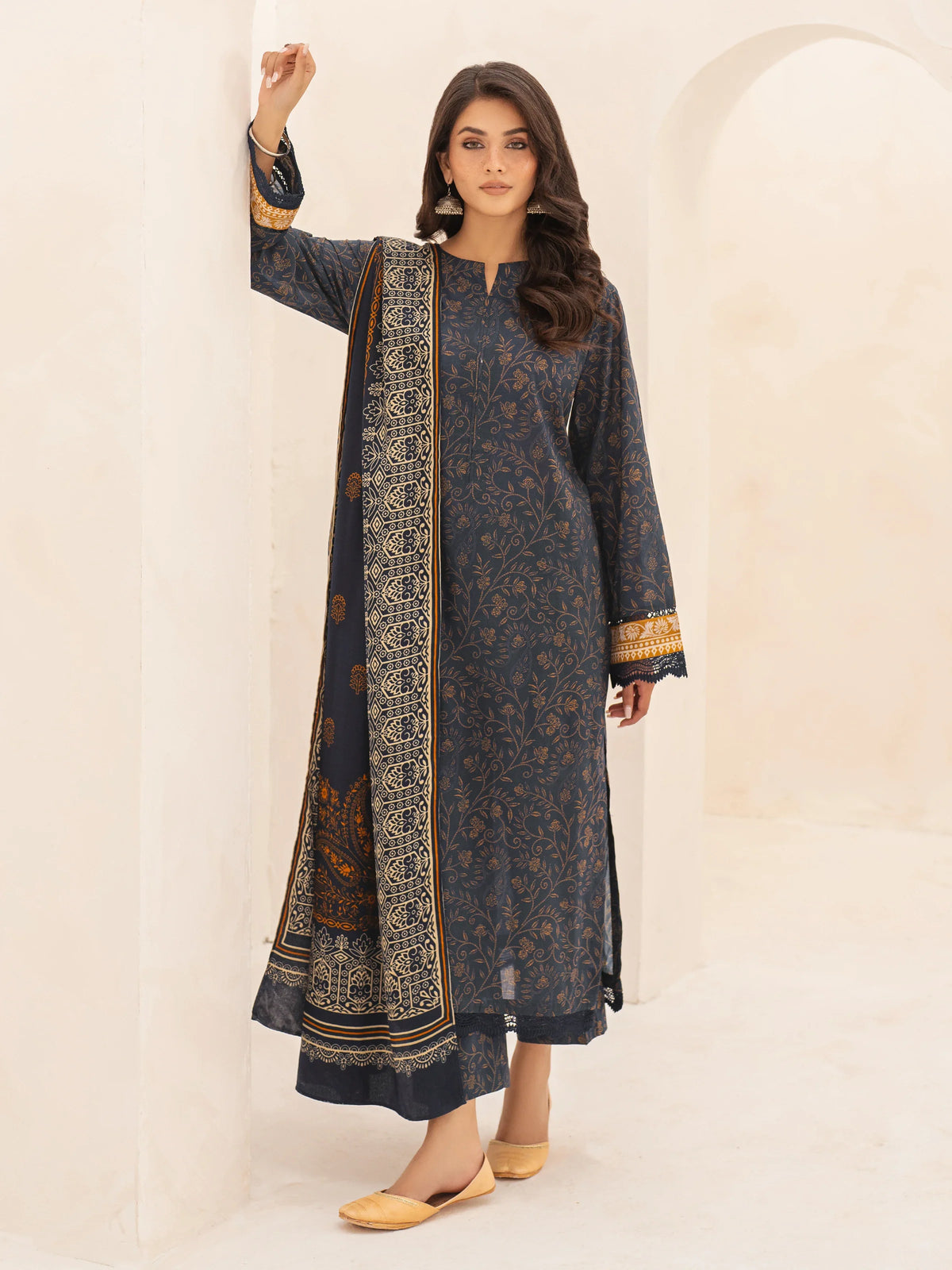 EDENROBE-M3-084-Unstitched Dark Navy Printed Khaddar 3 Piece
