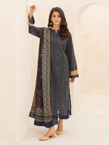 EDENROBE-M3-084-Unstitched Dark Navy Printed Khaddar 3 Piece