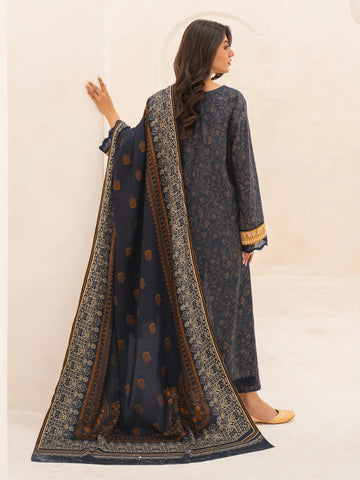 EDENROBE-M3-084-Unstitched Dark Navy Printed Khaddar 3 Piece