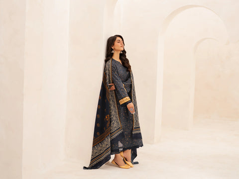EDENROBE-M3-084-Unstitched Dark Navy Printed Khaddar 3 Piece