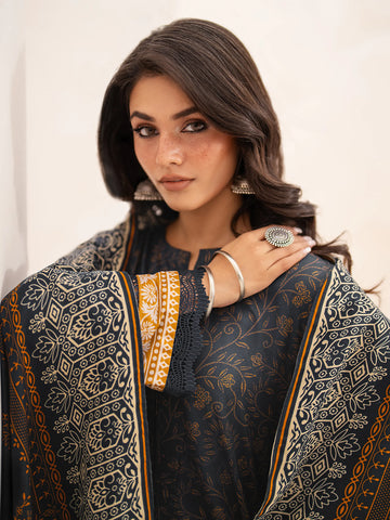 EDENROBE-M3-084-Unstitched Dark Navy Printed Khaddar 3 Piece