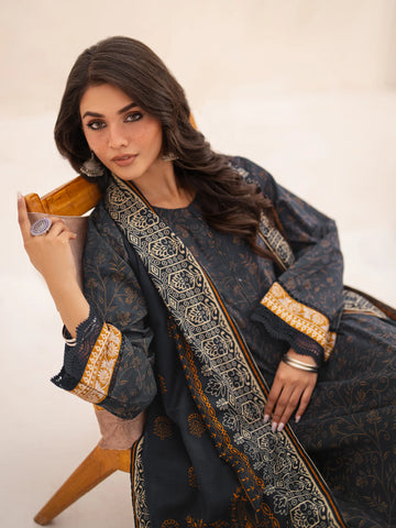 EDENROBE-M3-084-Unstitched Dark Navy Printed Khaddar 3 Piece