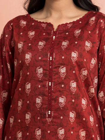 EDENROBE-M3-074-Unstitched Dark Maroon Printed Khaddar 3 Piece