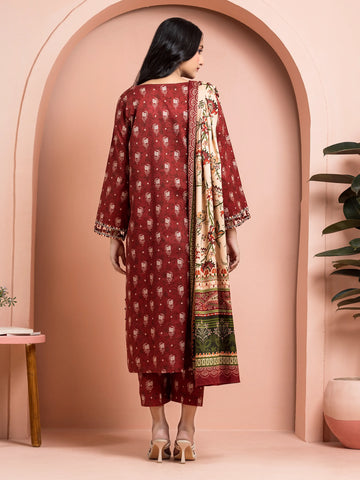 EDENROBE-M3-074-Unstitched Dark Maroon Printed Khaddar 3 Piece