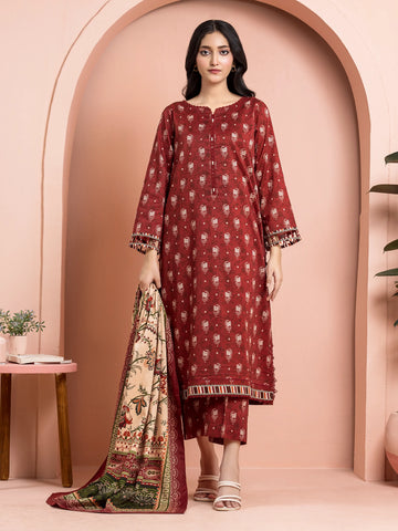 EDENROBE-M3-074-Unstitched Dark Maroon Printed Khaddar 3 Piece