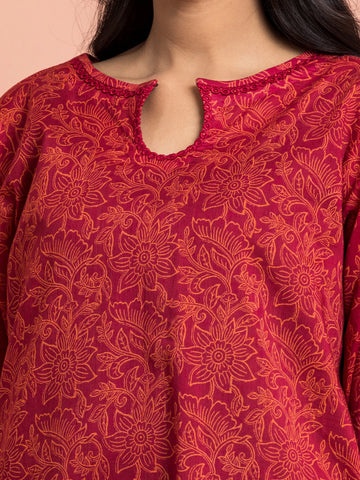 EDENROBE-M3-085-Unstitched Maroon Printed Khaddar 3 Piece