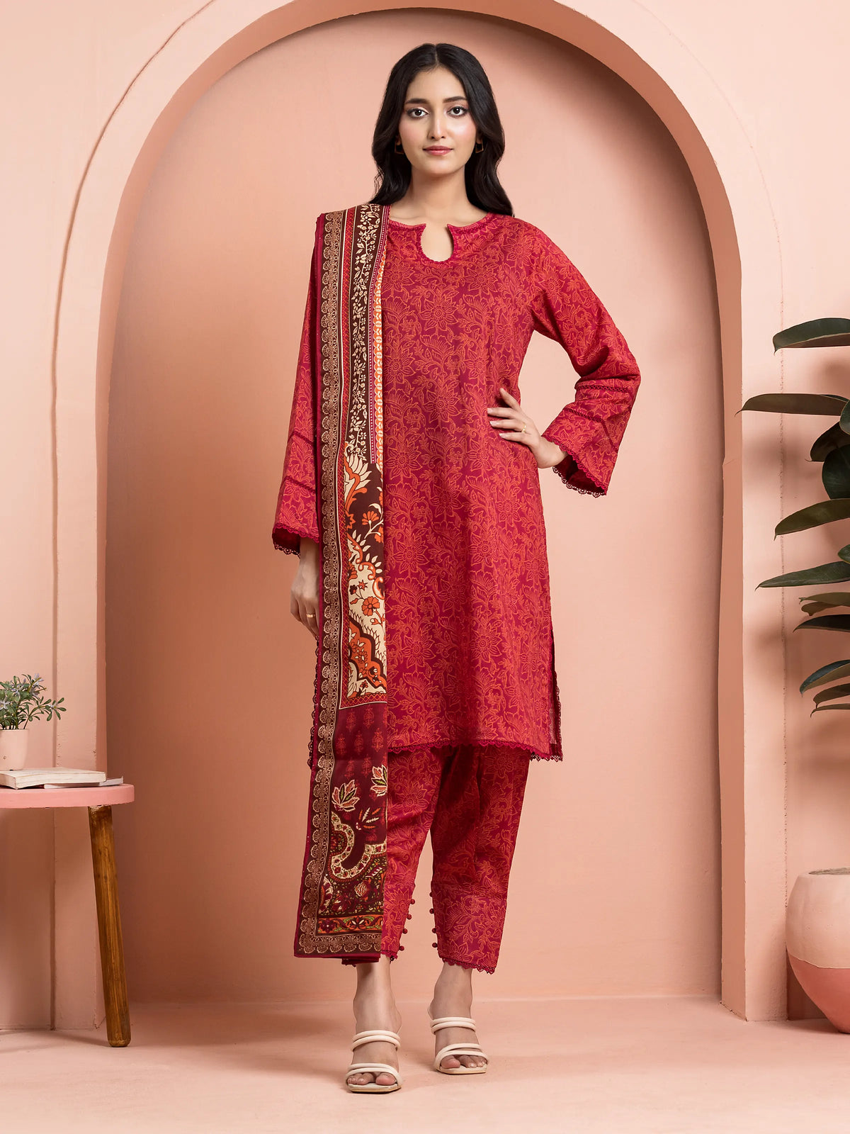 EDENROBE-M3-085-Unstitched Maroon Printed Khaddar 3 Piece