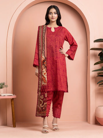 EDENROBE-M3-085-Unstitched Maroon Printed Khaddar 3 Piece