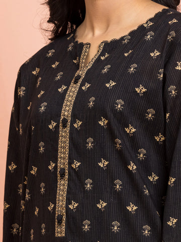 EDENROBE-M3-110-Unstitched Balck Printed Khaddar 3 Piec