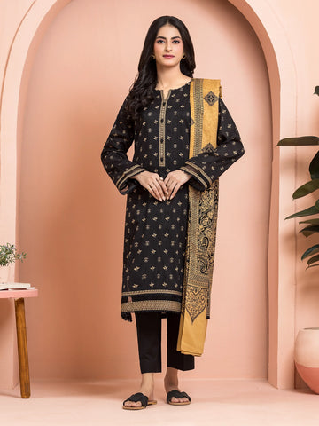 EDENROBE-M3-110-Unstitched Balck Printed Khaddar 3 Piec