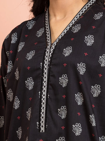 EDENROBE-M3-120-Unstitched Black Printed Khaddar 3 Piece
