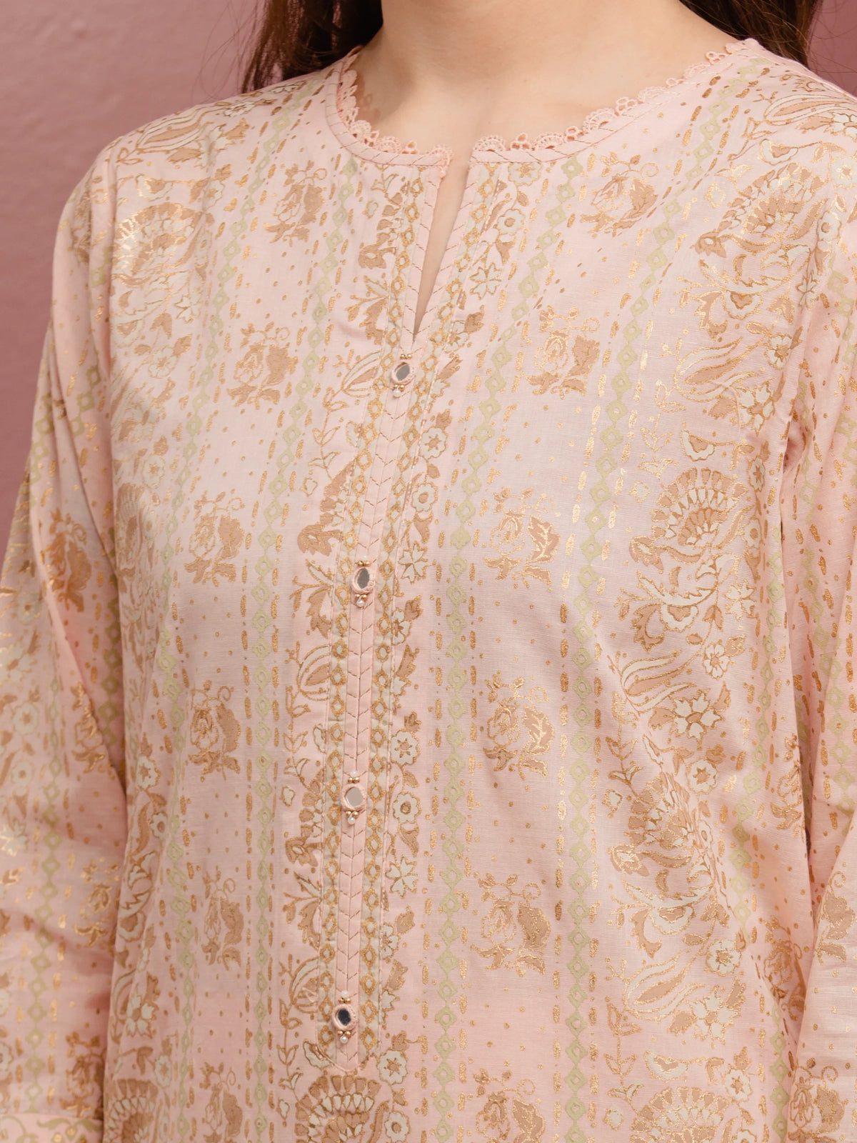 EDENROBE -M1-024-Unstitched Light Peach Block Print Cambric 3 Piece