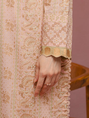 EDENROBE -M1-024-Unstitched Light Peach Block Print Cambric 3 Piece