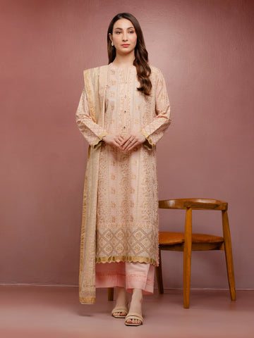 EDENROBE -M1-024-Unstitched Light Peach Block Print Cambric 3 Piece