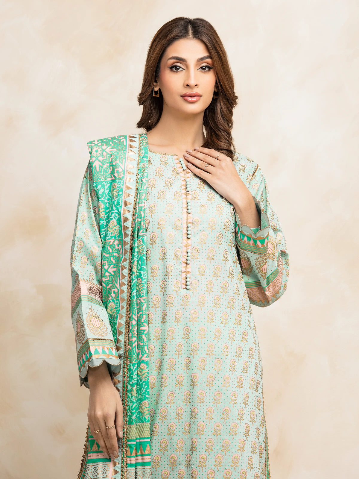 EDENROBE -M1-025-Unstitched Light Aqua Block Print Cambric 3 Piece -
