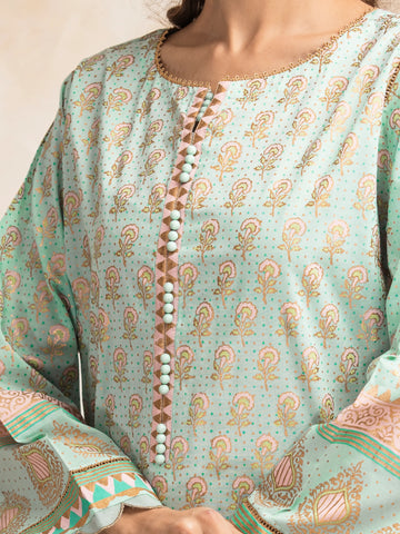EDENROBE -M1-025-Unstitched Light Aqua Block Print Cambric 3 Piece -