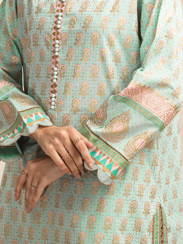 EDENROBE -M1-025-Unstitched Light Aqua Block Print Cambric 3 Piece -