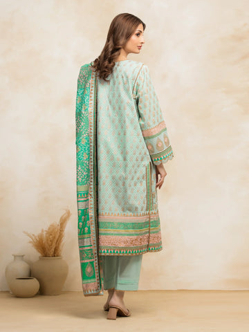 EDENROBE -M1-025-Unstitched Light Aqua Block Print Cambric 3 Piece -