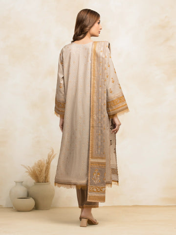 EDENROBE -M1-026-Unstitched Beige Block Print Cambric 3 Piece