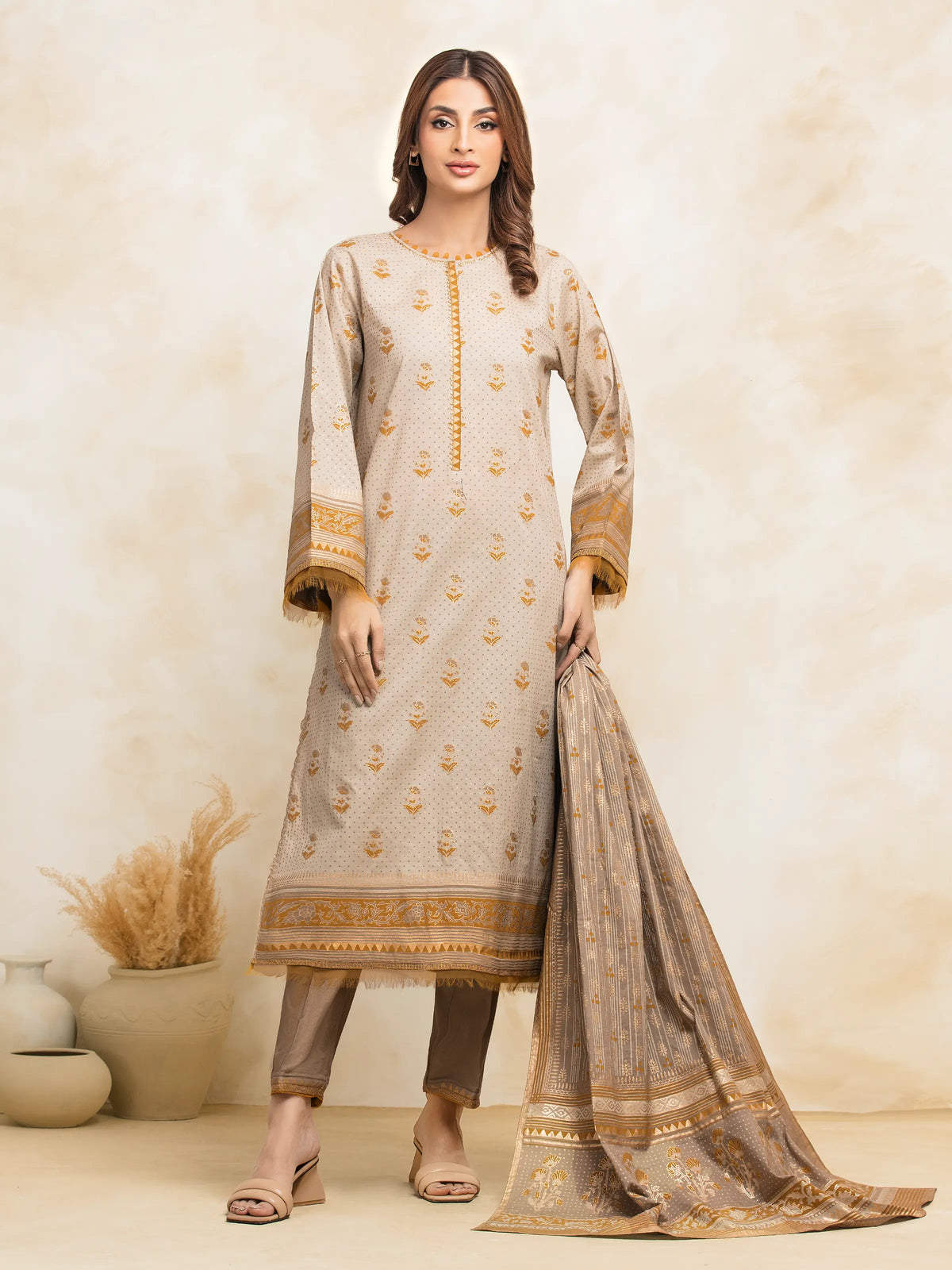 EDENROBE -M1-026-Unstitched Beige Block Print Cambric 3 Piece