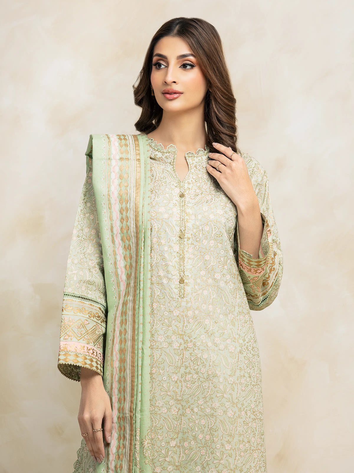 EDENROBE -M1-027-Unstitched Light Green Block Print Cambric 3 Piece