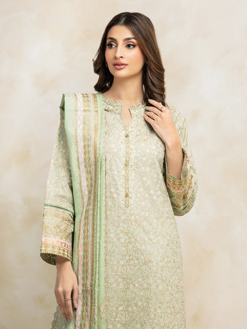 EDENROBE -M1-027-Unstitched Light Green Block Print Cambric 3 Piece