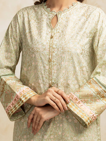 EDENROBE -M1-027-Unstitched Light Green Block Print Cambric 3 Piece