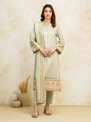 EDENROBE -M1-027-Unstitched Light Green Block Print Cambric 3 Piece
