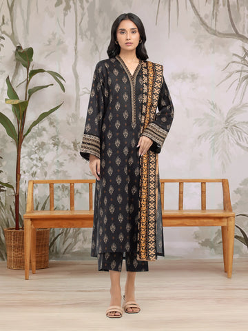 EDENROBE-M3-078-Unstitched Black Printed Khaddar 3 Piece -