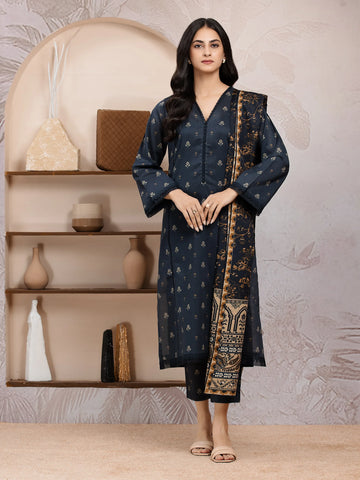 EDENROBE-M3-082-Unstitched Black Printed Khaddar 3 Piece