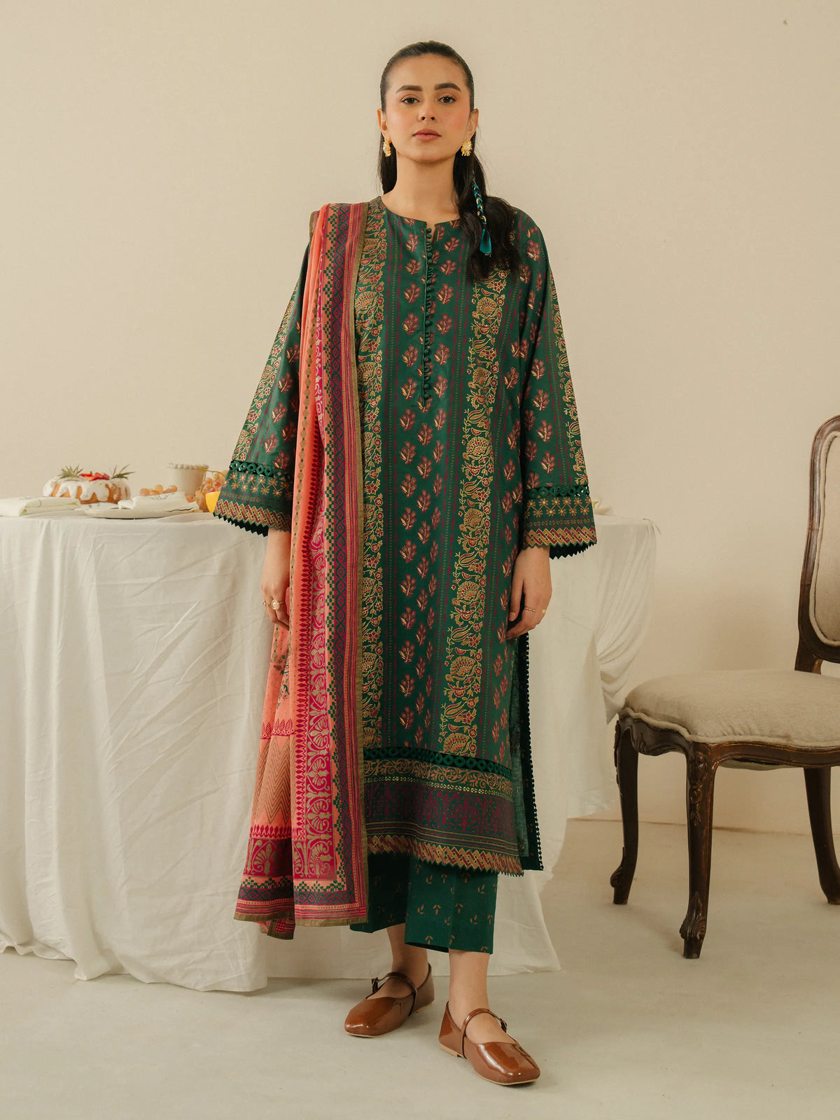 EDENROBE -M1-013-Unstitched Dark Green Block Print Cambric 3 Piece