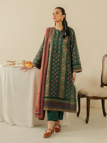 EDENROBE -M1-013-Unstitched Dark Green Block Print Cambric 3 Piece