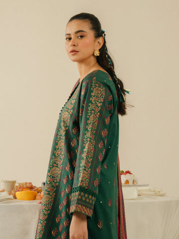 EDENROBE -M1-013-Unstitched Dark Green Block Print Cambric 3 Piece