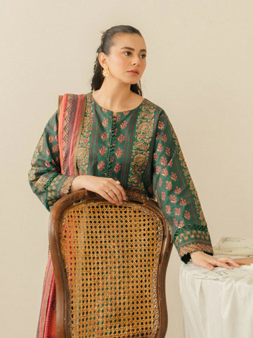 EDENROBE -M1-013-Unstitched Dark Green Block Print Cambric 3 Piece
