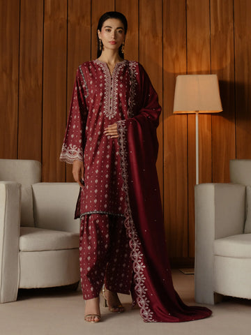 EDENROBE-30188-Unstitched Dark Magenta Embroidered Marina Twill 3 Piece