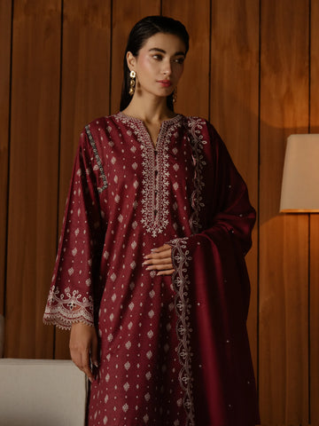 EDENROBE-30188-Unstitched Dark Magenta Embroidered Marina Twill 3 Piece